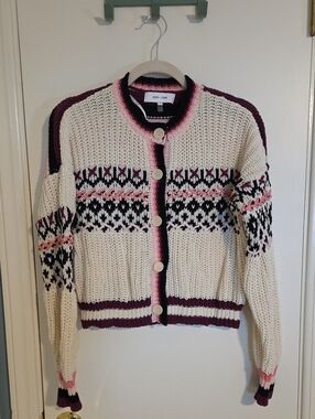 John + Jenn Cream Fair Isle Cardigan with Pink & Maroon Trim